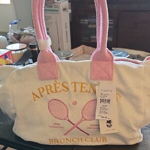 Wildfox White Tote with Pink Handles and Yellow Embroidery Tennis Motif